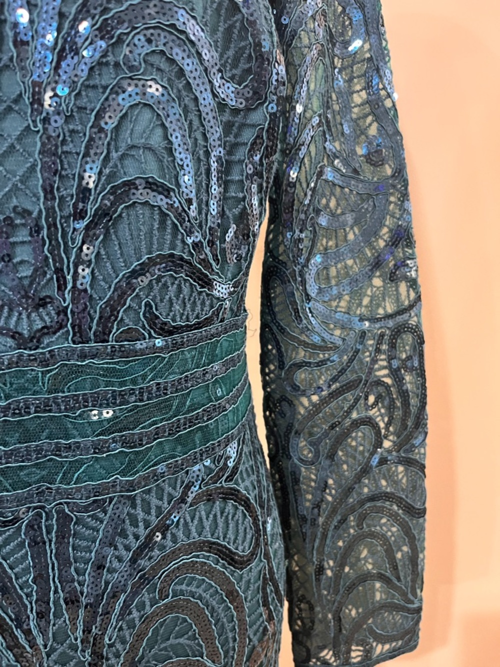 Tadashi Shoji Teal Long Sleeve Sequin Lace Gown - Picture 3 of 7